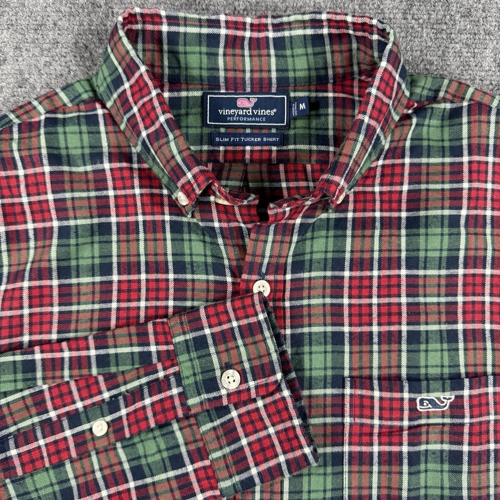 Vineyard Vines Shirt Mens Medium Red Green Plaid Slim Fit Tucker Whale Flannel